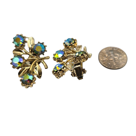 Clip-On Earrings Vintage Leaf AB Blue Rhinestones Retro Style Aurora Borealis - Picture 6 of 7
